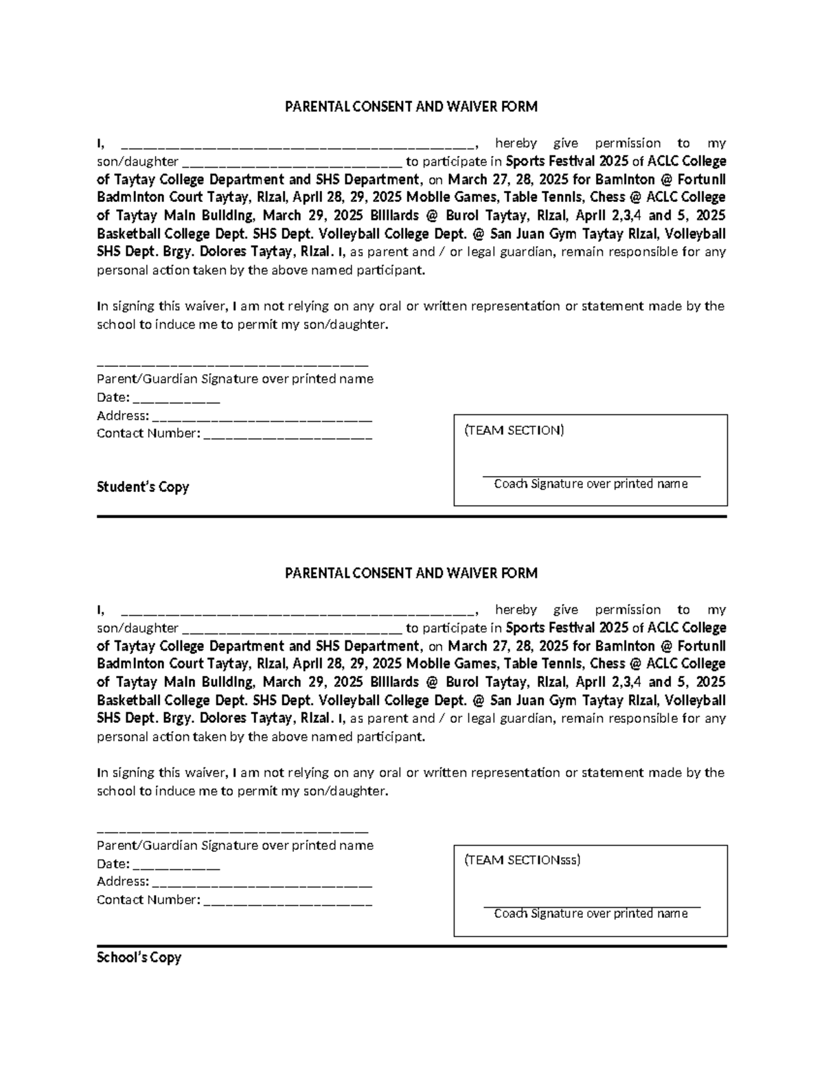 Parental Consent & Waiver Form for ACLC Sports Festival 2025 - Studocu