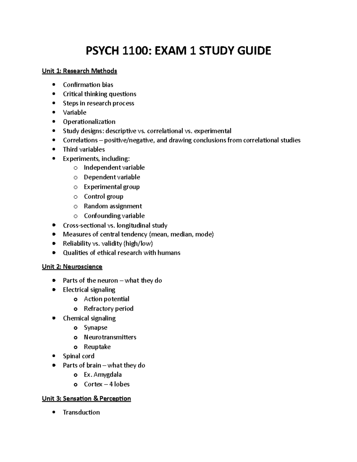 PSYCH 1100: Exam 1 Comprehensive Study Guide and Review - Studocu