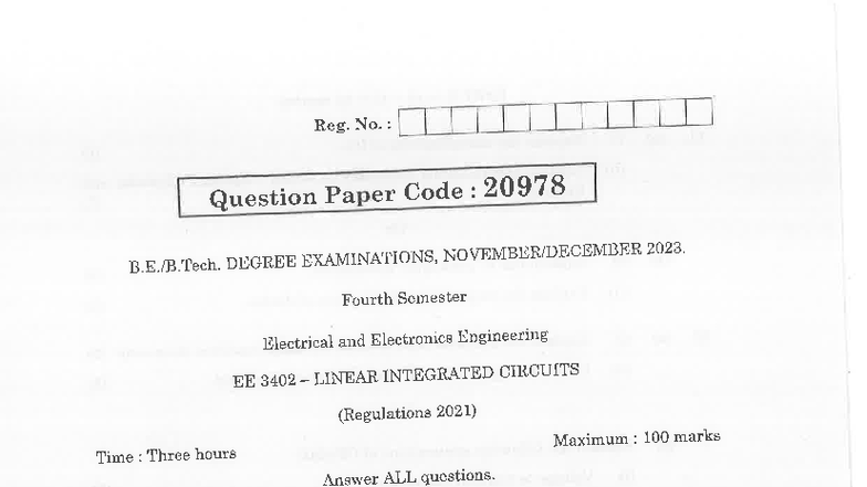 Qp Ee3402 2023 Degree Exam Qp On Linear Integrated Circuits Studocu