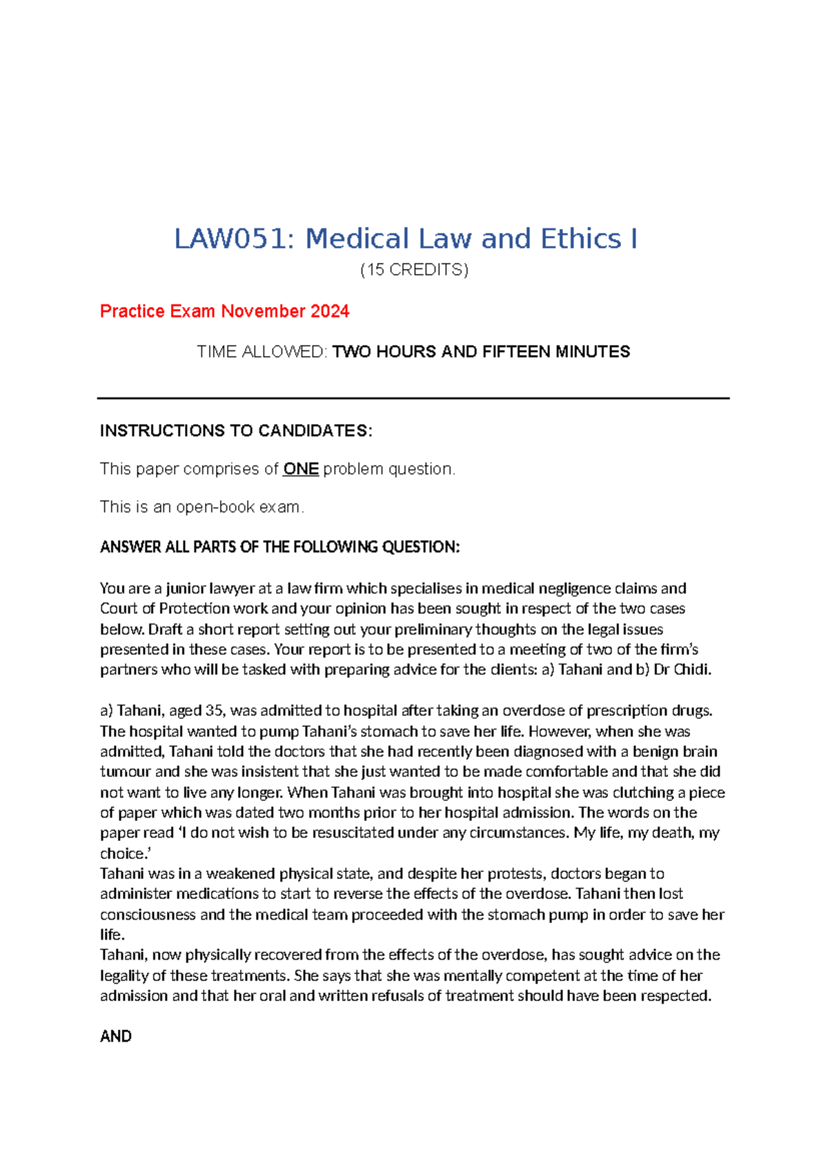 LAW05 1 Medical Law Mock Exam 2024 - LAW051: Medical Law and Ethics I ...