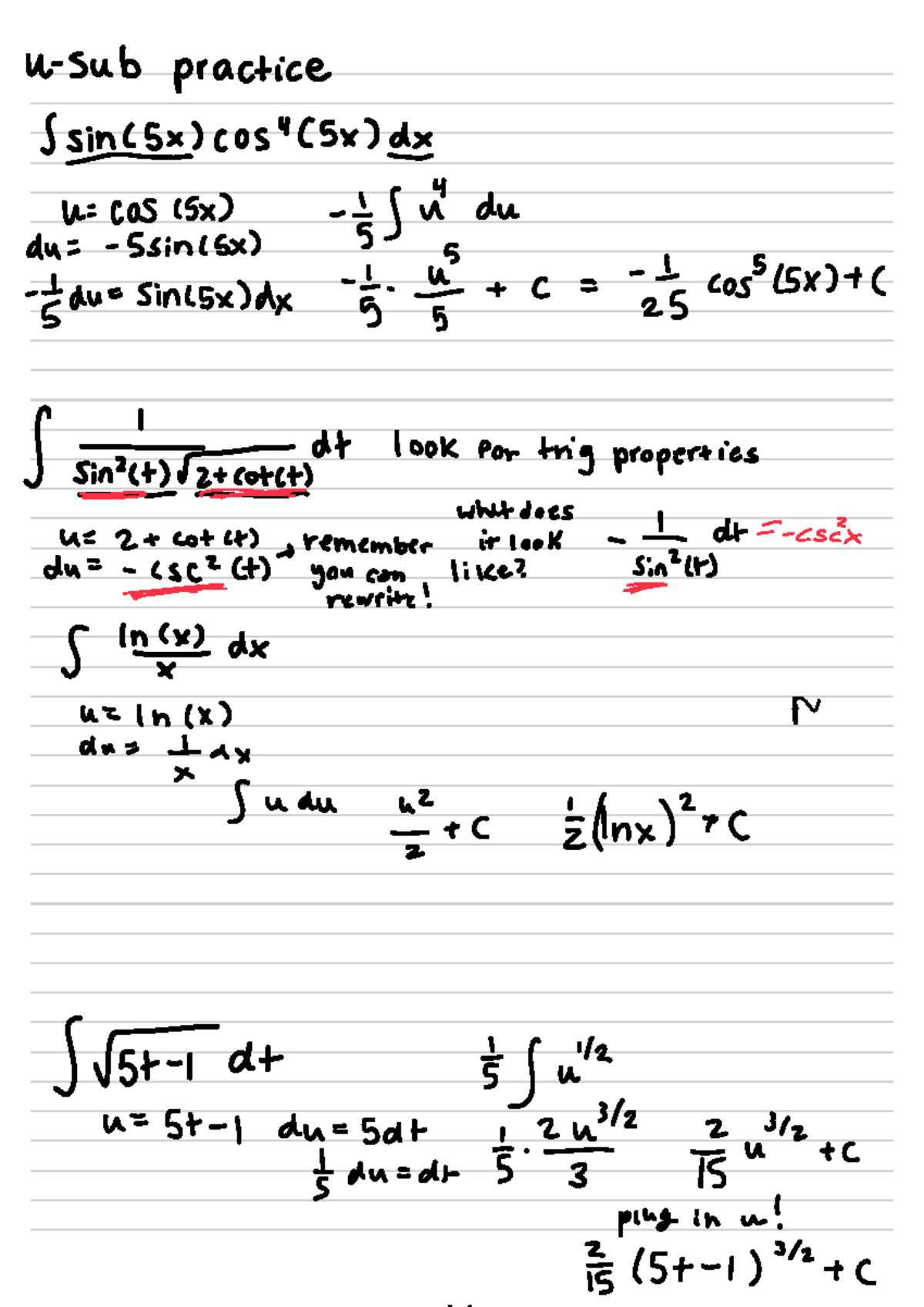 Integration and u-substitution Practice (Math 101) - Studocu