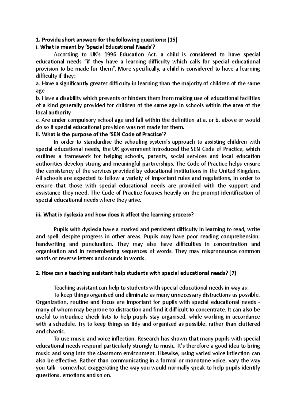 Teachasass 5 - Notes on Supporting Students with SEN - Studocu