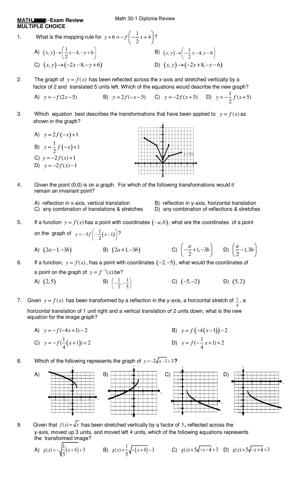 Math 30-1 Diploma Review: Comprehensive Multiple Choice Questions - Studocu