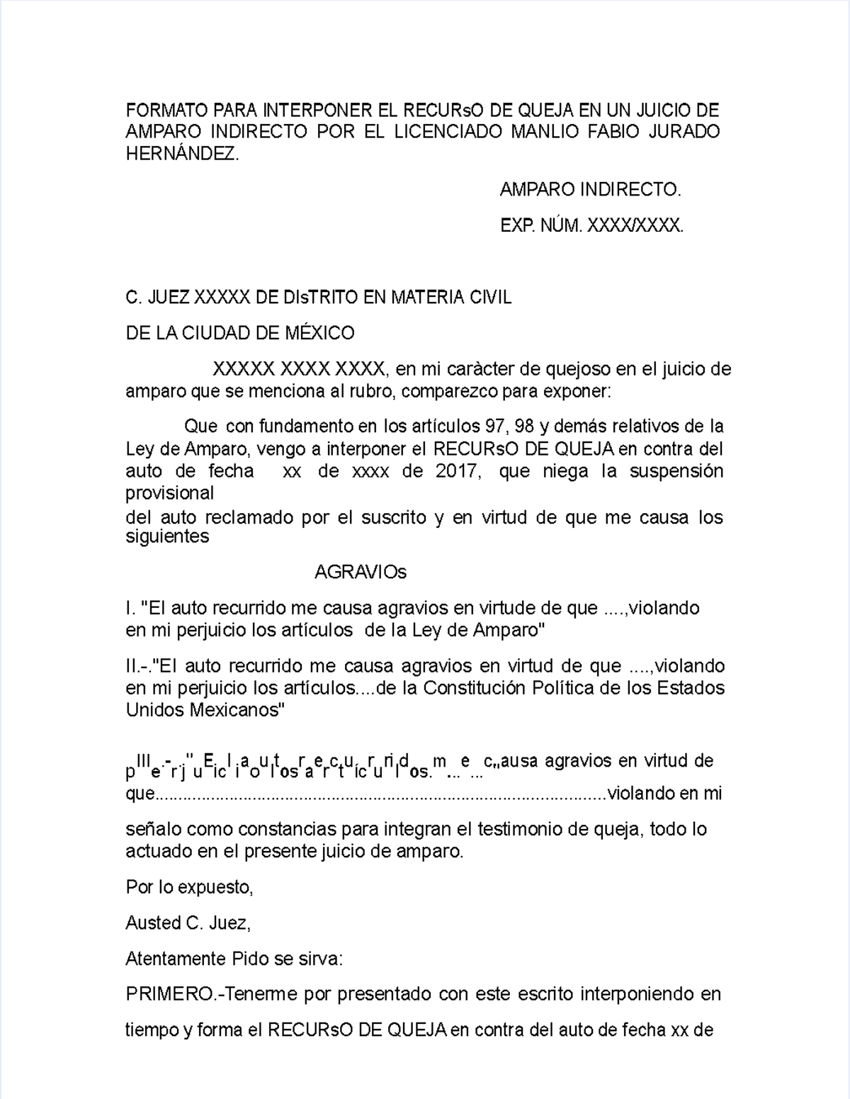 Formato para Interponer el Recurso de Queja en Juicio de Amparo - Studocu