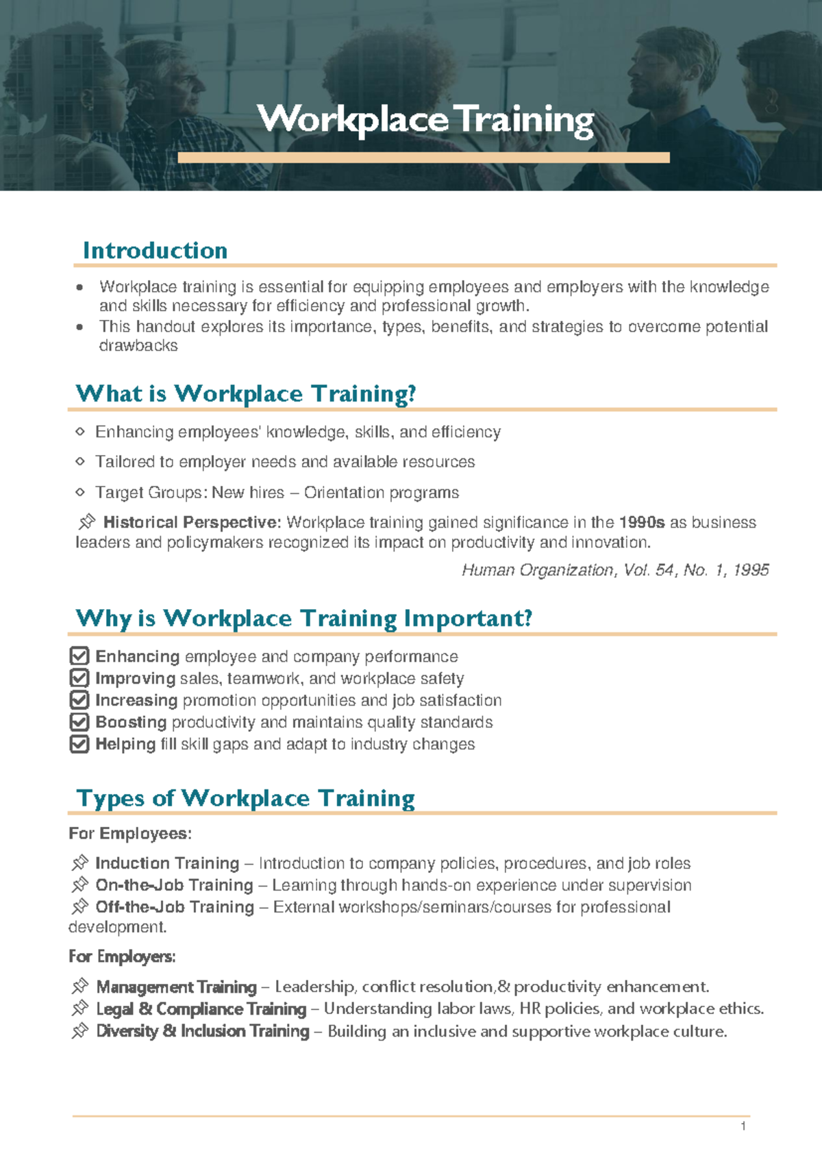 Handout for Training Topic - 1 Workplace Training Introduction ...