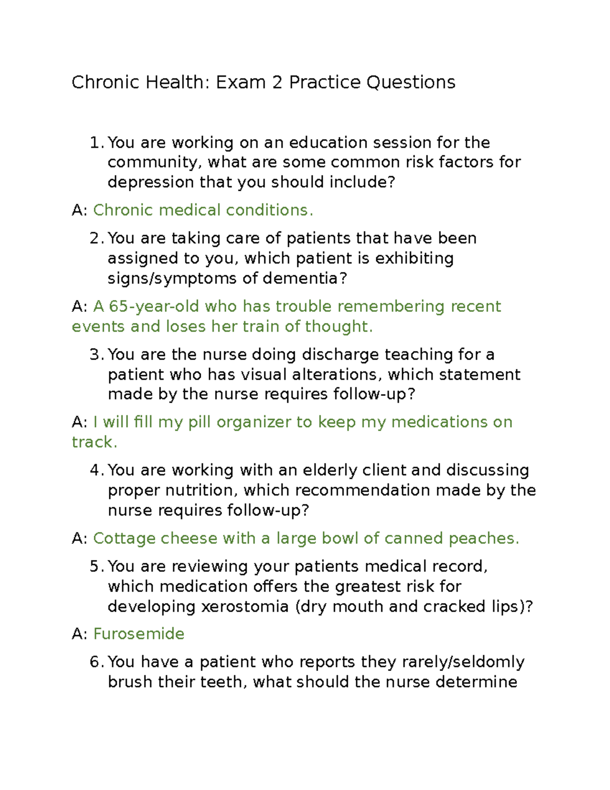Chronic Health Exam 2 - Comprehensive Study Notes and Questions - Studocu