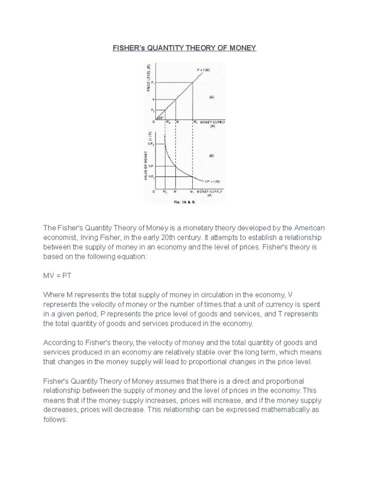 Fisher's Quantity Theory OF Money - It attempts to establish a ...