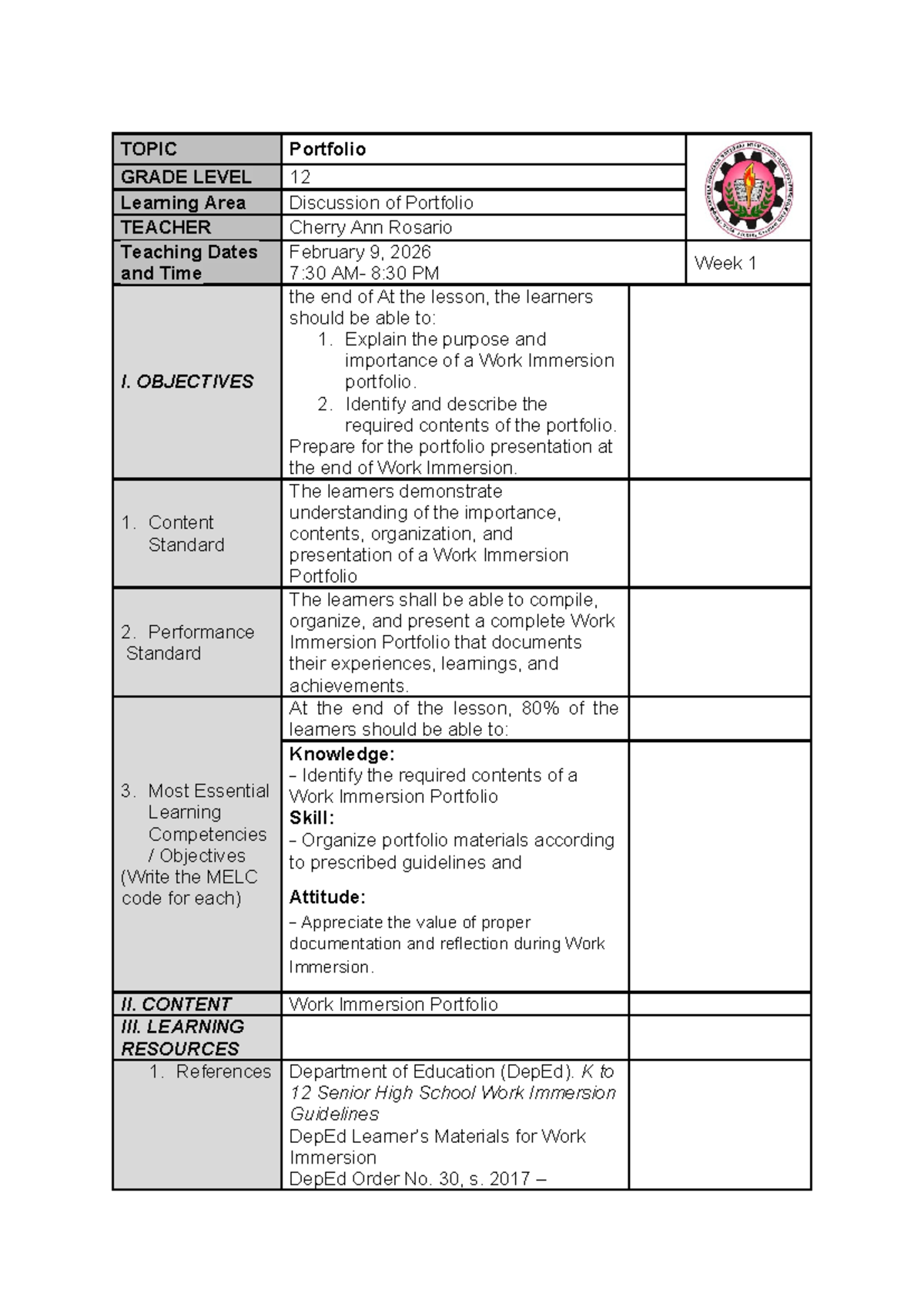 LP 1 Work Immersion Portfolio Guidelines and Objectives - Studocu