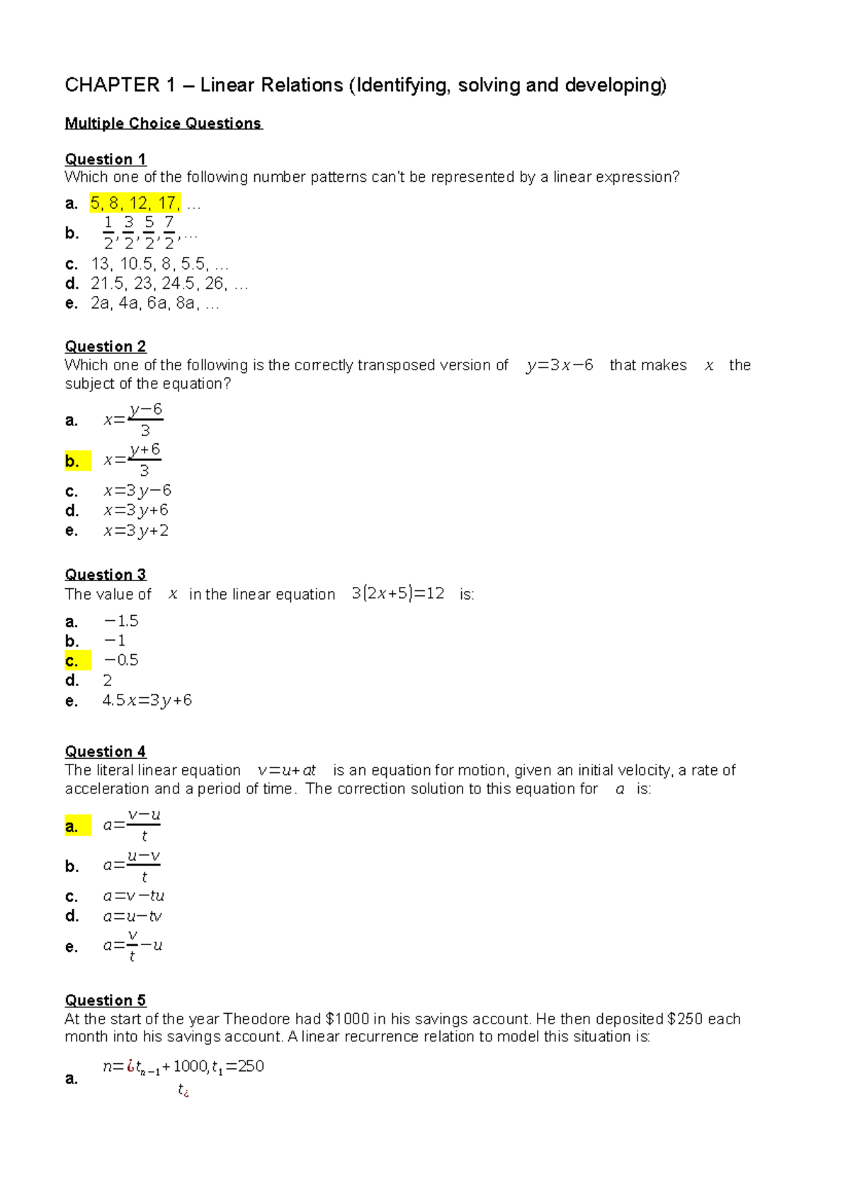 Linear Relations Review: Multiple Choice & Short Answer Qs (CH 1.2-1.4 ...