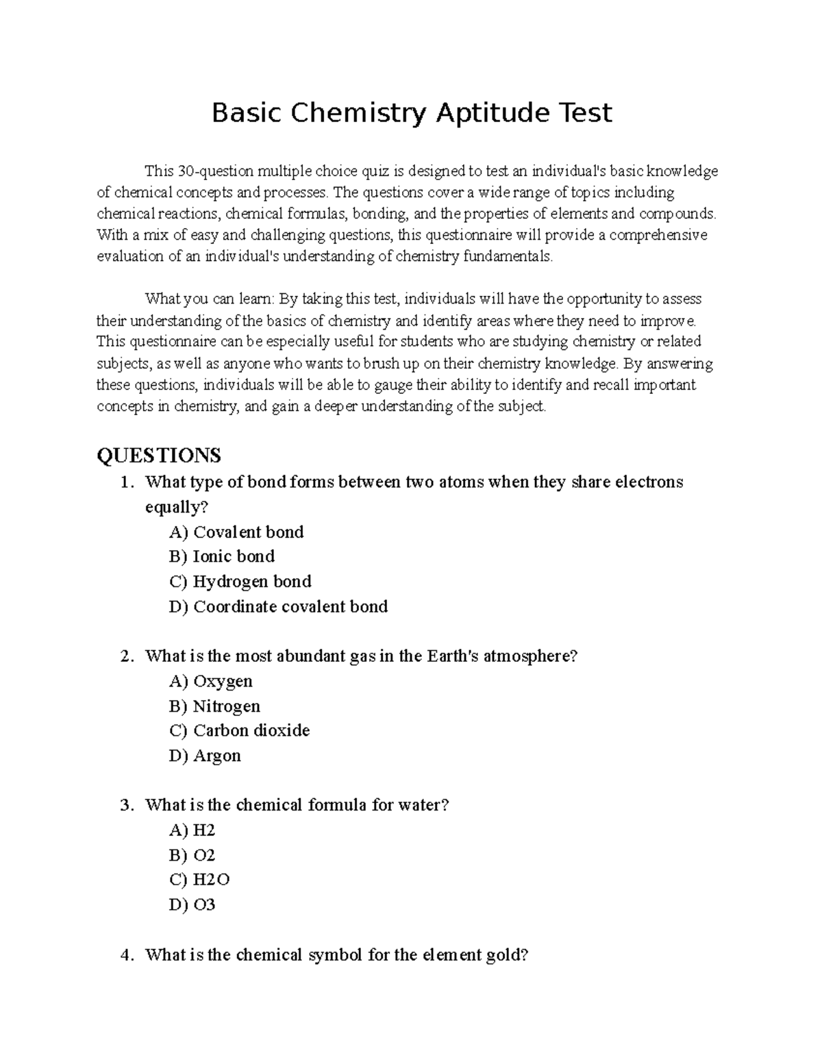 Basic Chemistry Aptitude Test (CHEM 101) with Answer Key - Studocu