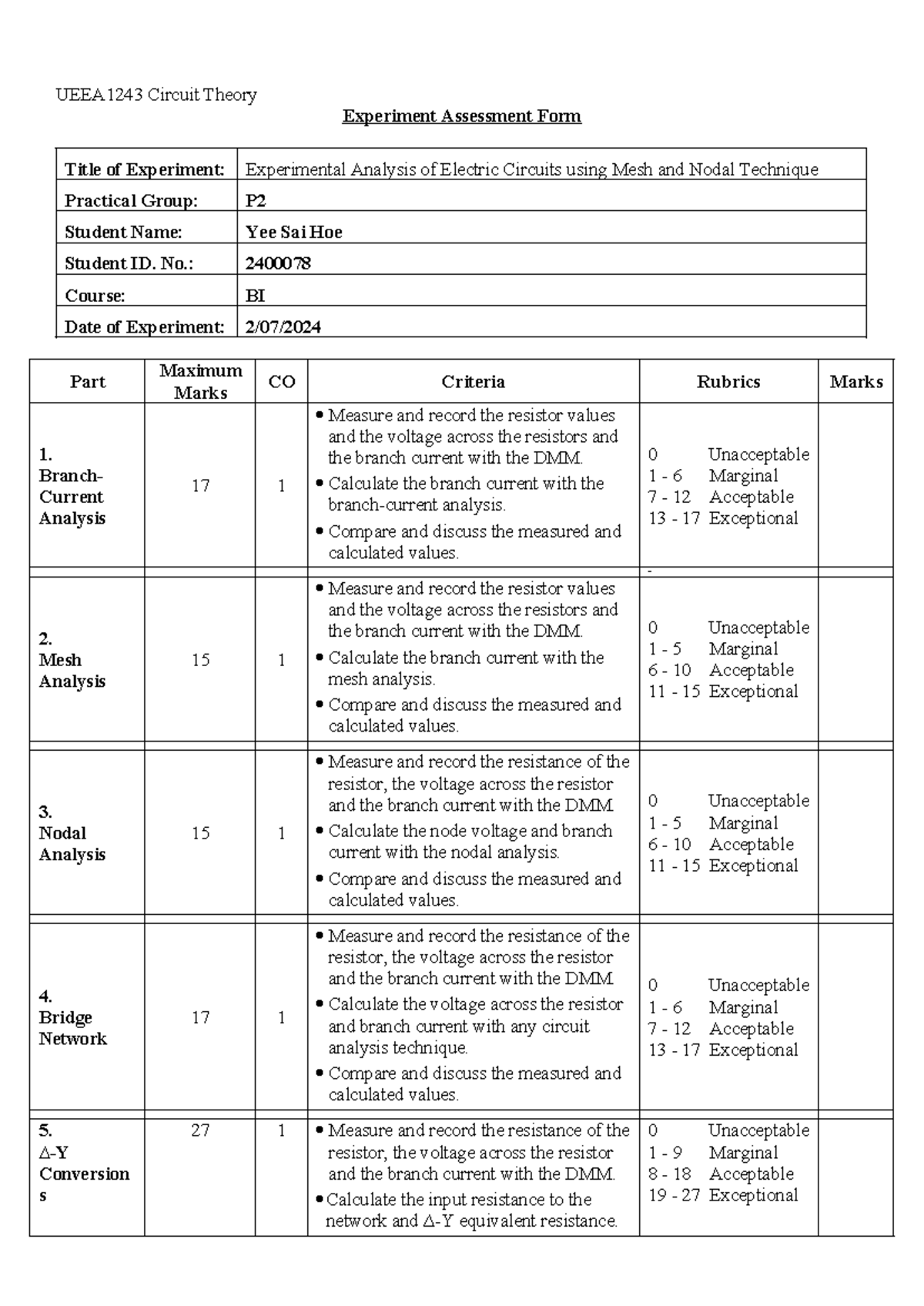 UEEA1243 Practical 1Q Experiment Assessment and Report Form ...