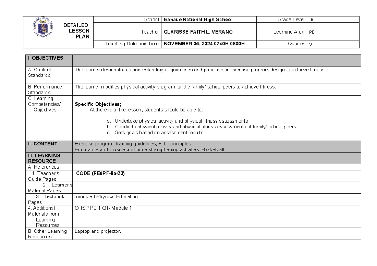 Curriculum Lesson PLAN- PE 2 - I. OBJECTIVES A. Content Standards The learner demonstrates - Studocu