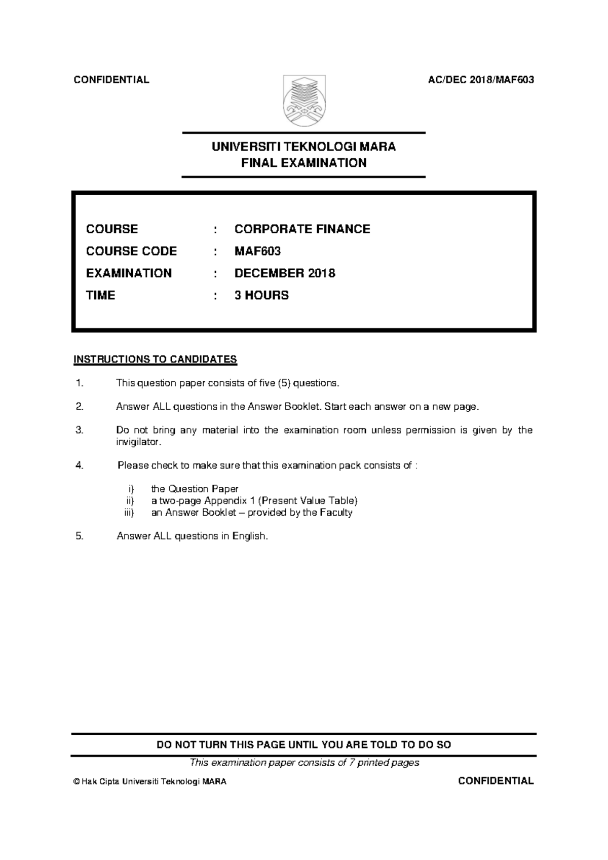 Final Exam Questions for Corporate Finance MAF603 - Dec 2018 - Studocu