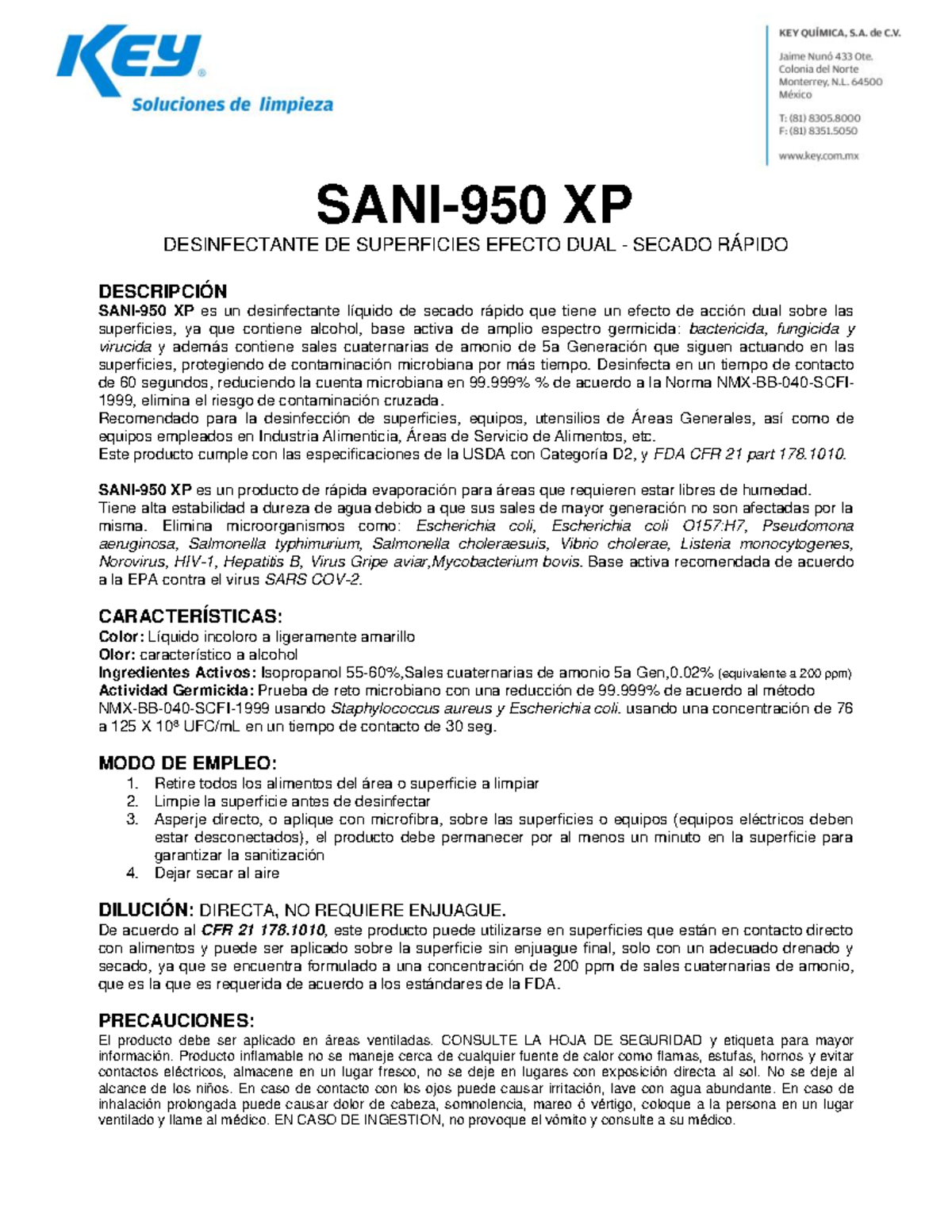 FT SANI-950 XP (6781) - Hoja de Seguridad y Uso del Desinfectante - Studocu