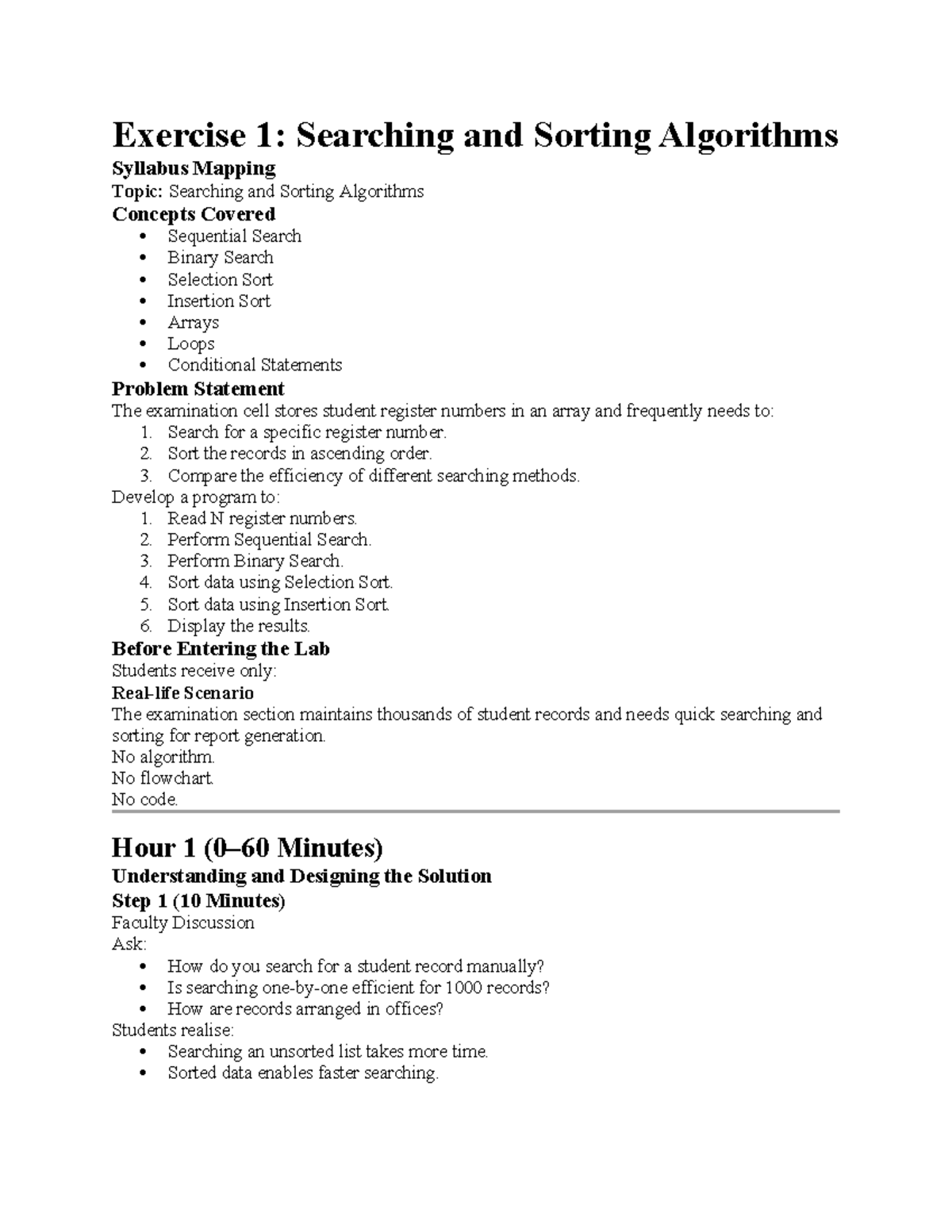 Exercise 1: Searching & Sorting Algorithms in JAVA Programming - Studocu