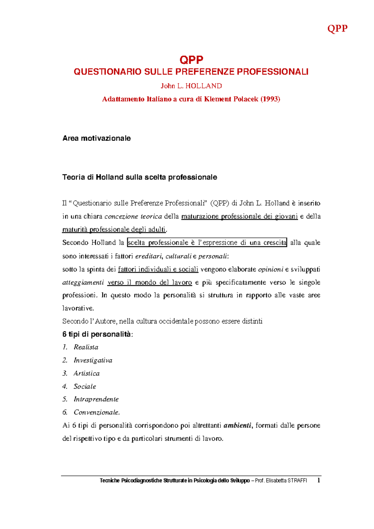 QPP: Questionario sulle Preferenze Professionali di Holland - Studocu