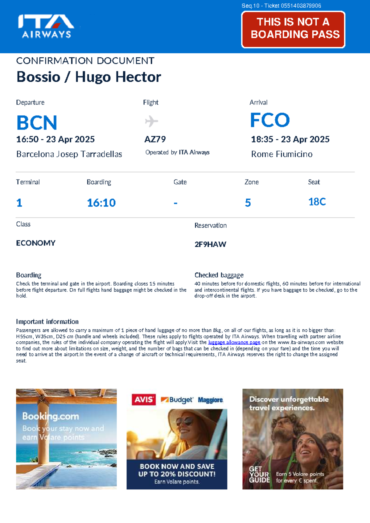 Flight Itinerary: BCN to FCO - AZ79 Departure Info & Baggage Rules ...