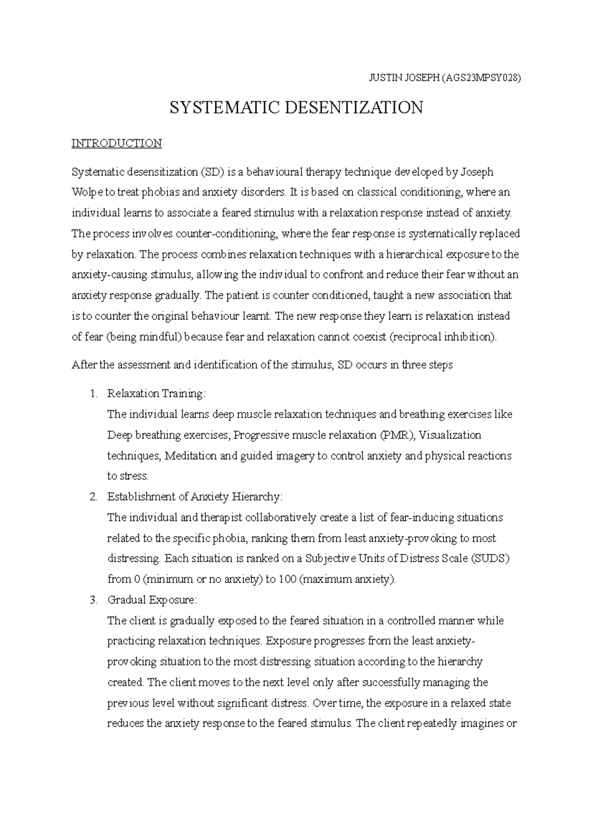 Systematic Desensitization (AGS23MPSY028): A Behavioral Therapy ...
