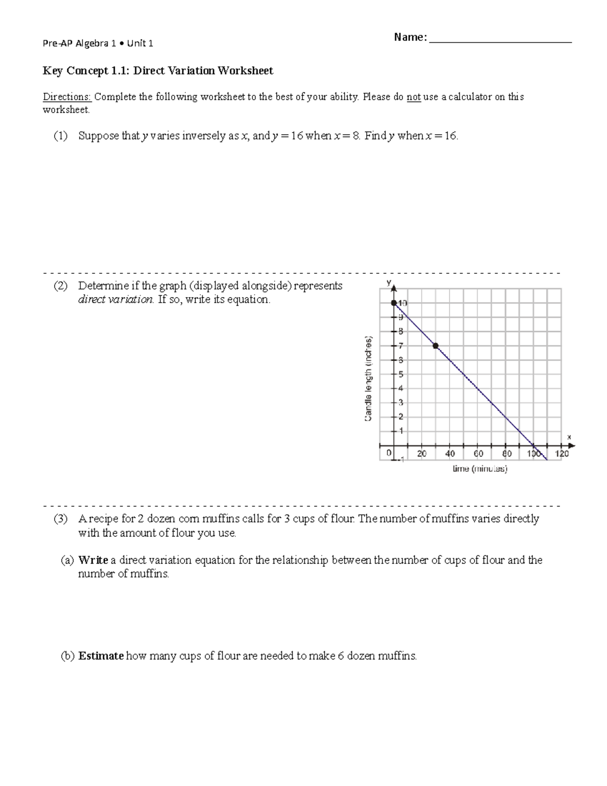 Algebra 1 Unit 1: Direct Variation Worksheet (Key Concept 1.1) - Studocu