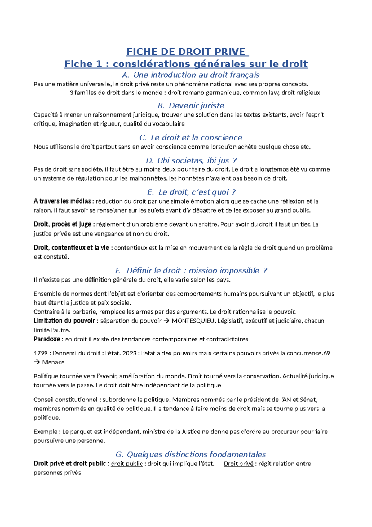 FICHE DE DROIT PRIVE : Introduction au Droit Français et Concepts Clés ...
