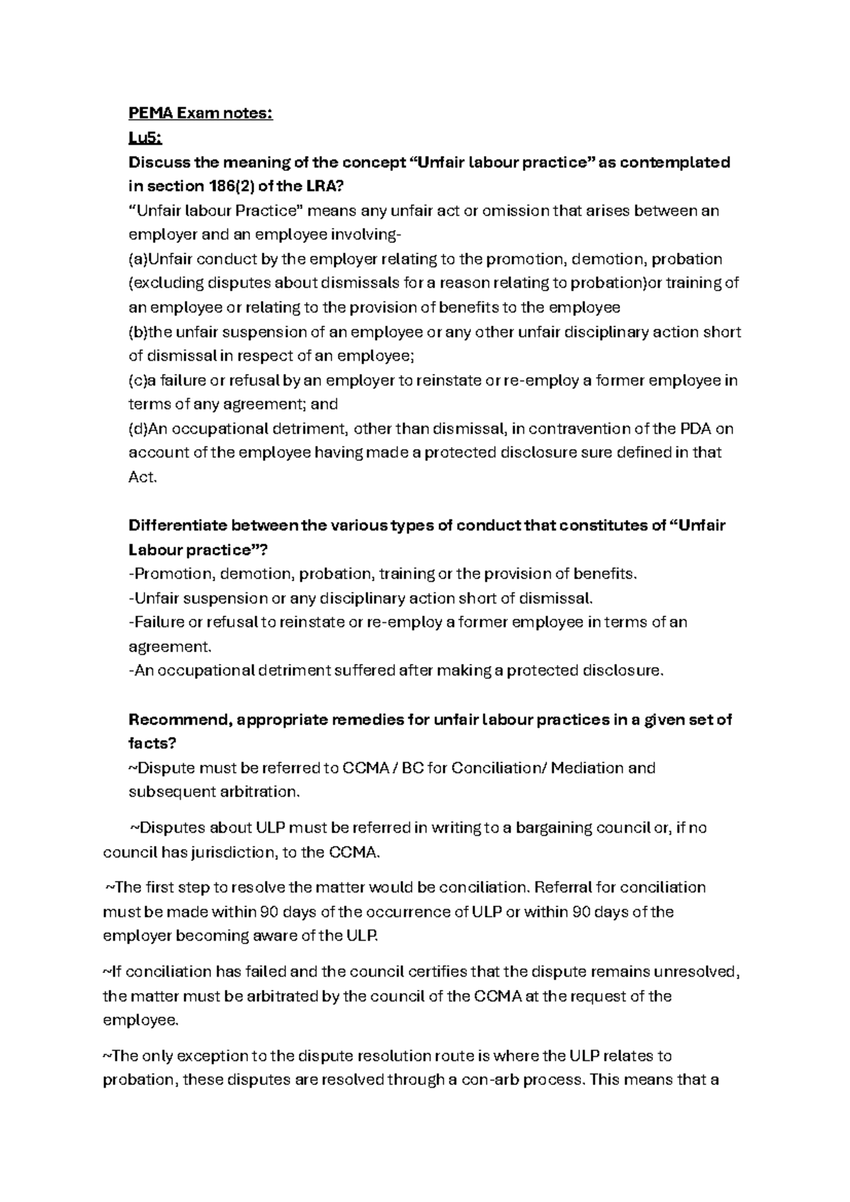 PEMA Final Exam Notes: Unfair Labour Practices and Collective ...