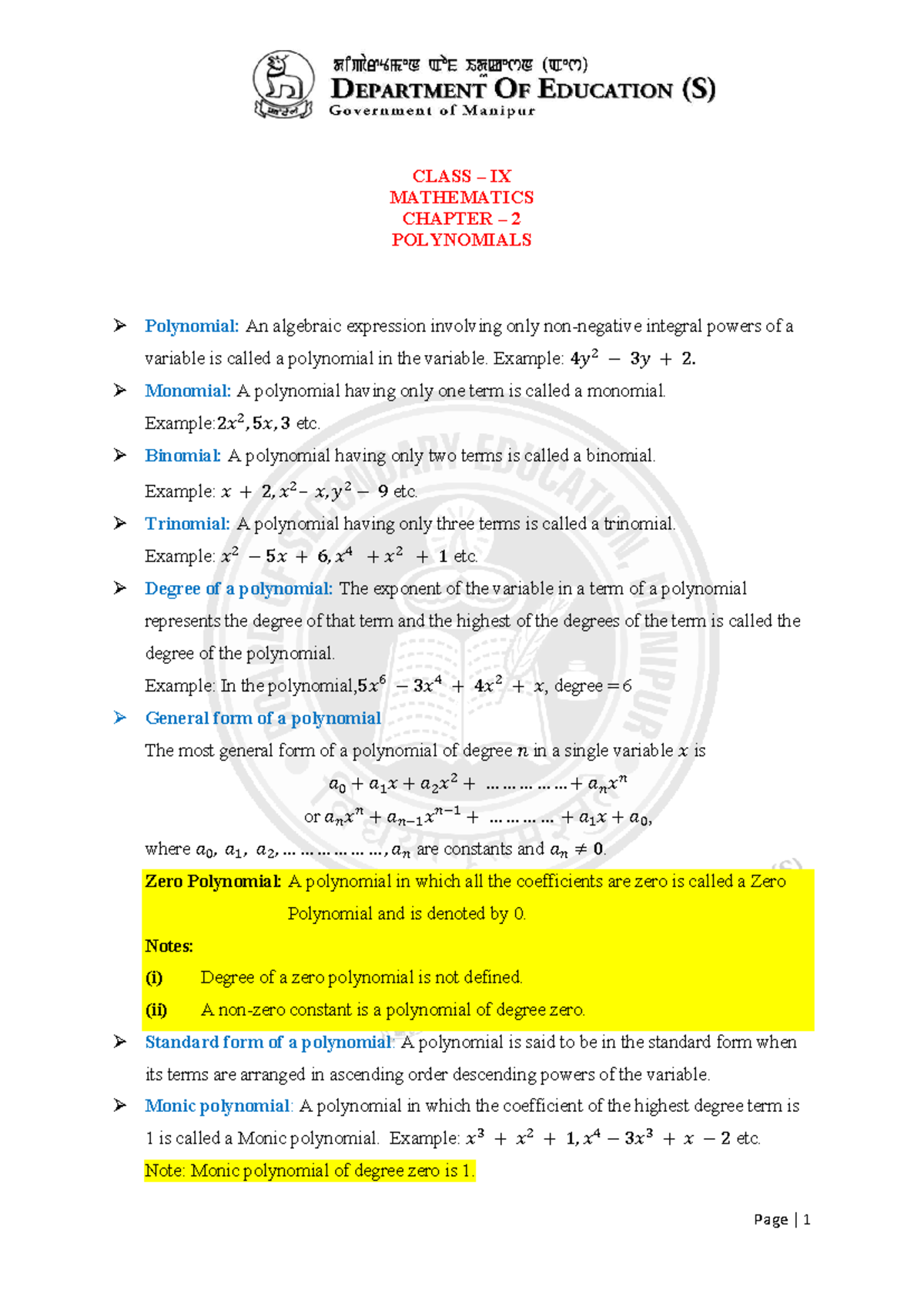 CLASS IX MATHEMATICS CHAPTER 2 POLYNOMIALS NOTES - Studocu