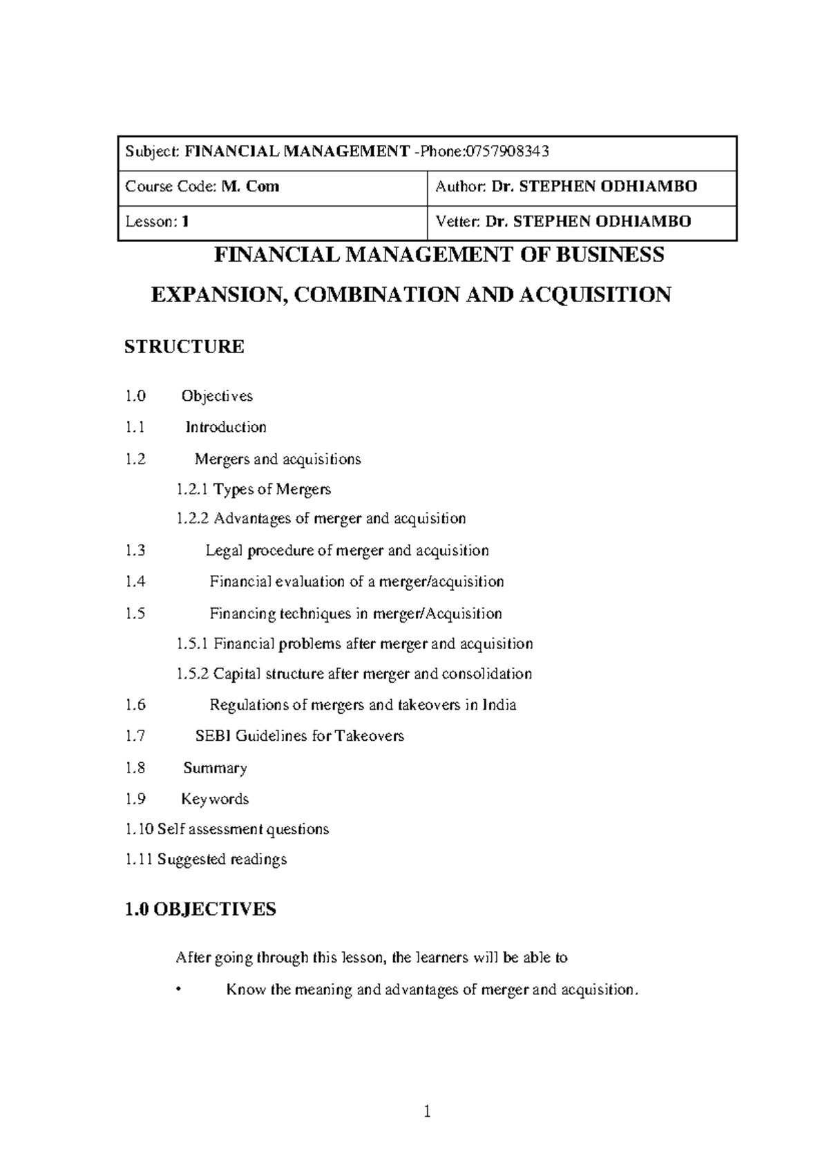 Financial Management lectures notes by Dr stephen Mcodhiambo - Subject ...