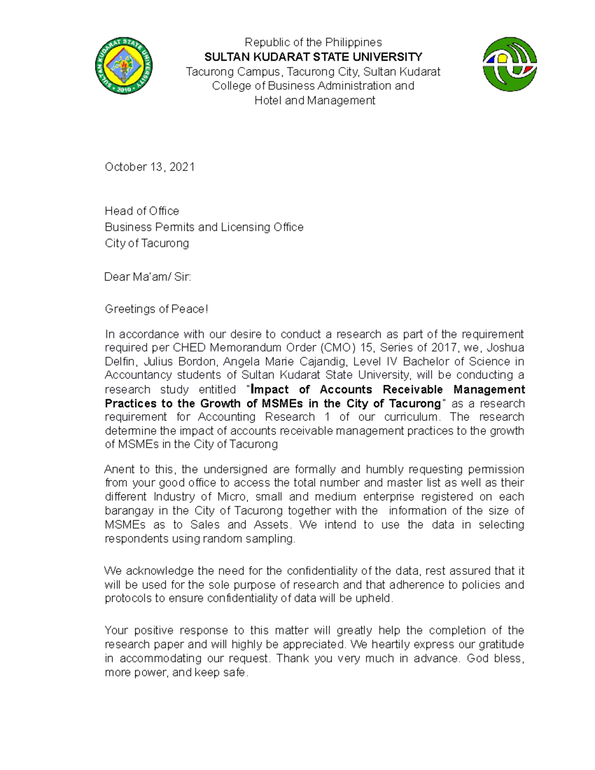 Request for Research Permission: Impact of AR Management on MSMEs - Studocu