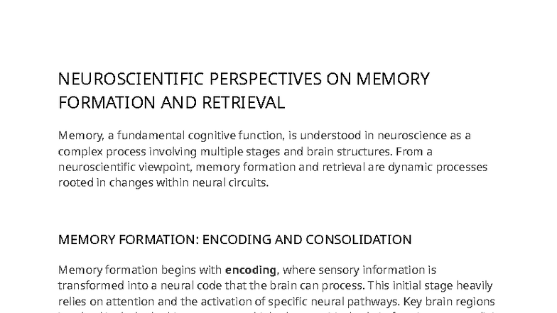 Memory Formation and Retrieval - NEUROSCIENTIFIC PERSPECTIVES ON MEMORY ...
