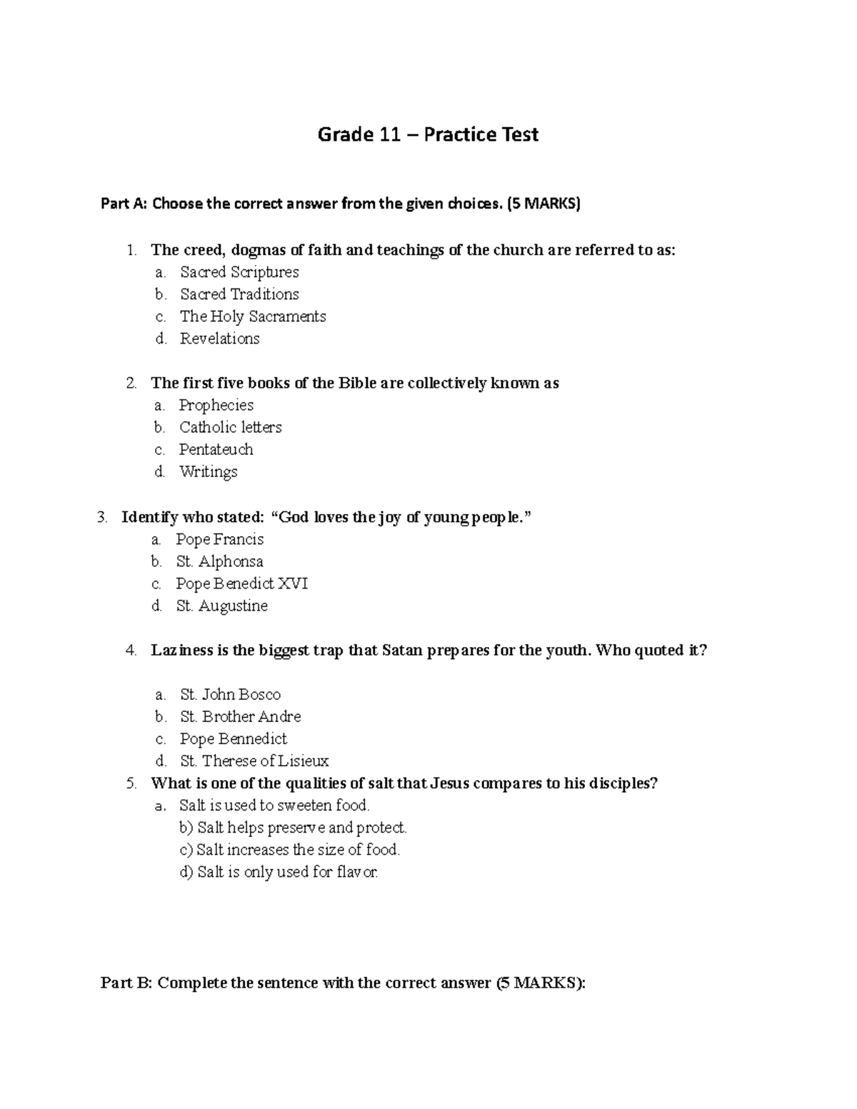 Grade 11 – Practice Test: Faith, Conscience, and Teachings - Studocu