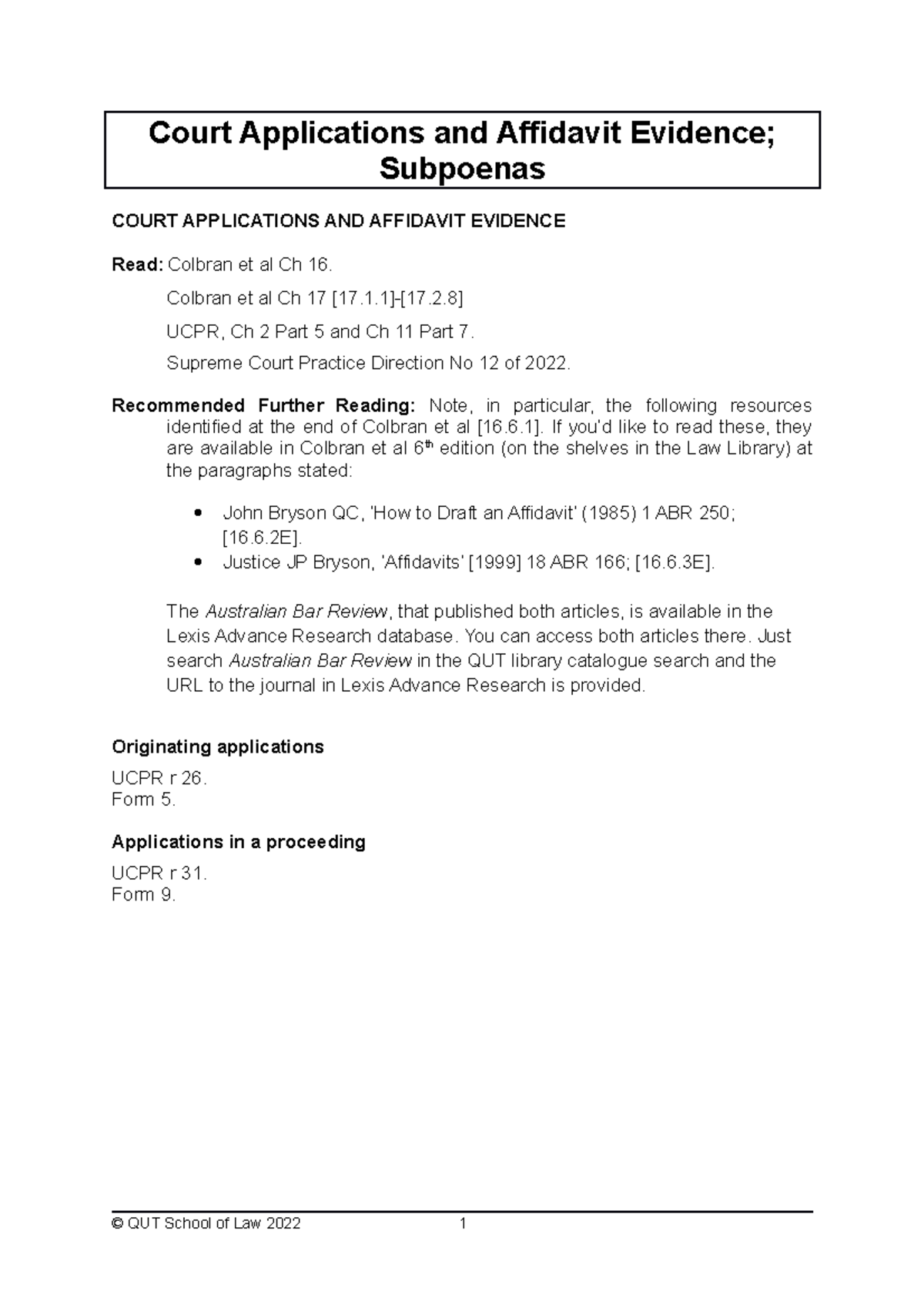 Court Applications & Affidavit Evidence; Subpoenas (Law 2023) - Studocu