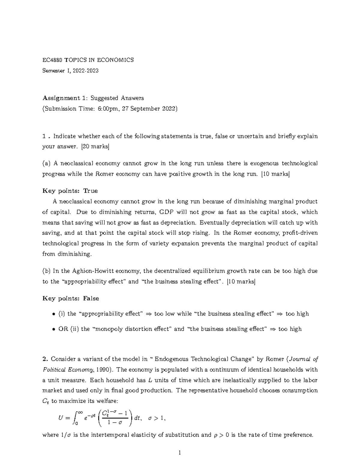 EC4880 Assignment 1: Suggested Answers and Key Insights - Studocu