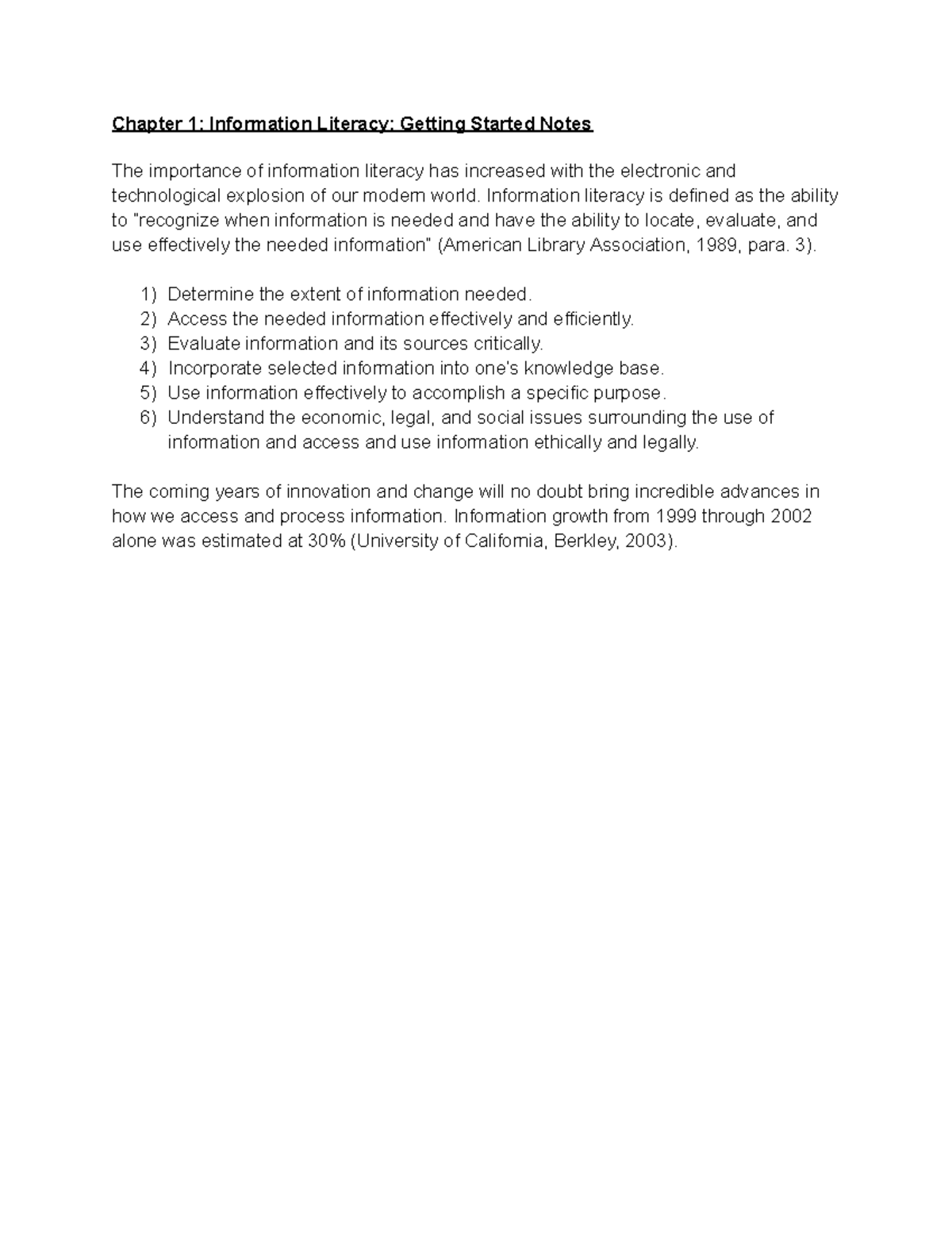 INFO101: Chapter 1 - Getting Started with Information Literacy Notes ...