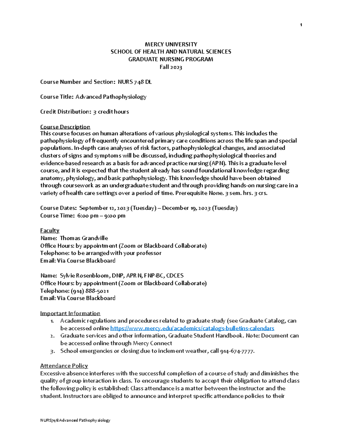 NURS748 Advanced Pathophysiology Course Syllabus Fall 2023 - Studocu