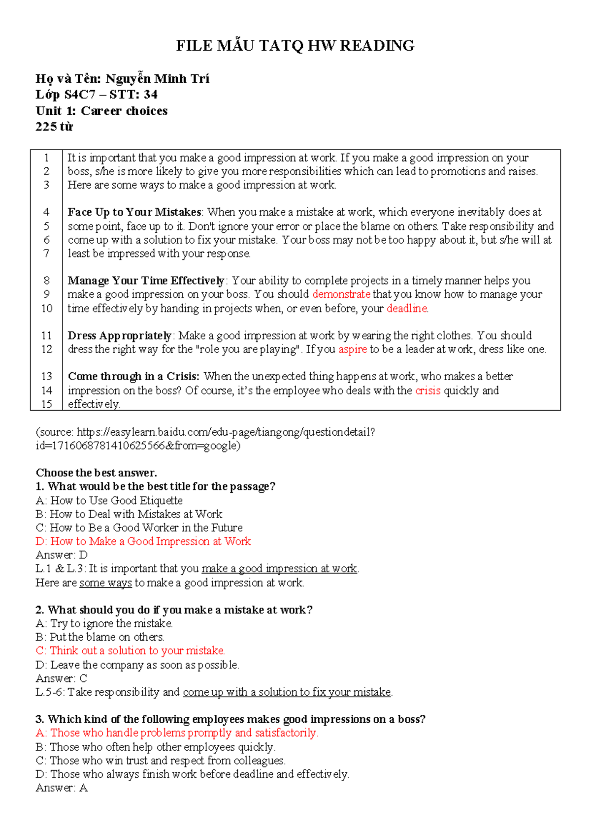 Mau S2 Tatqhw Reading: Making Good Impressions at Work - Minh Tri 34 ...