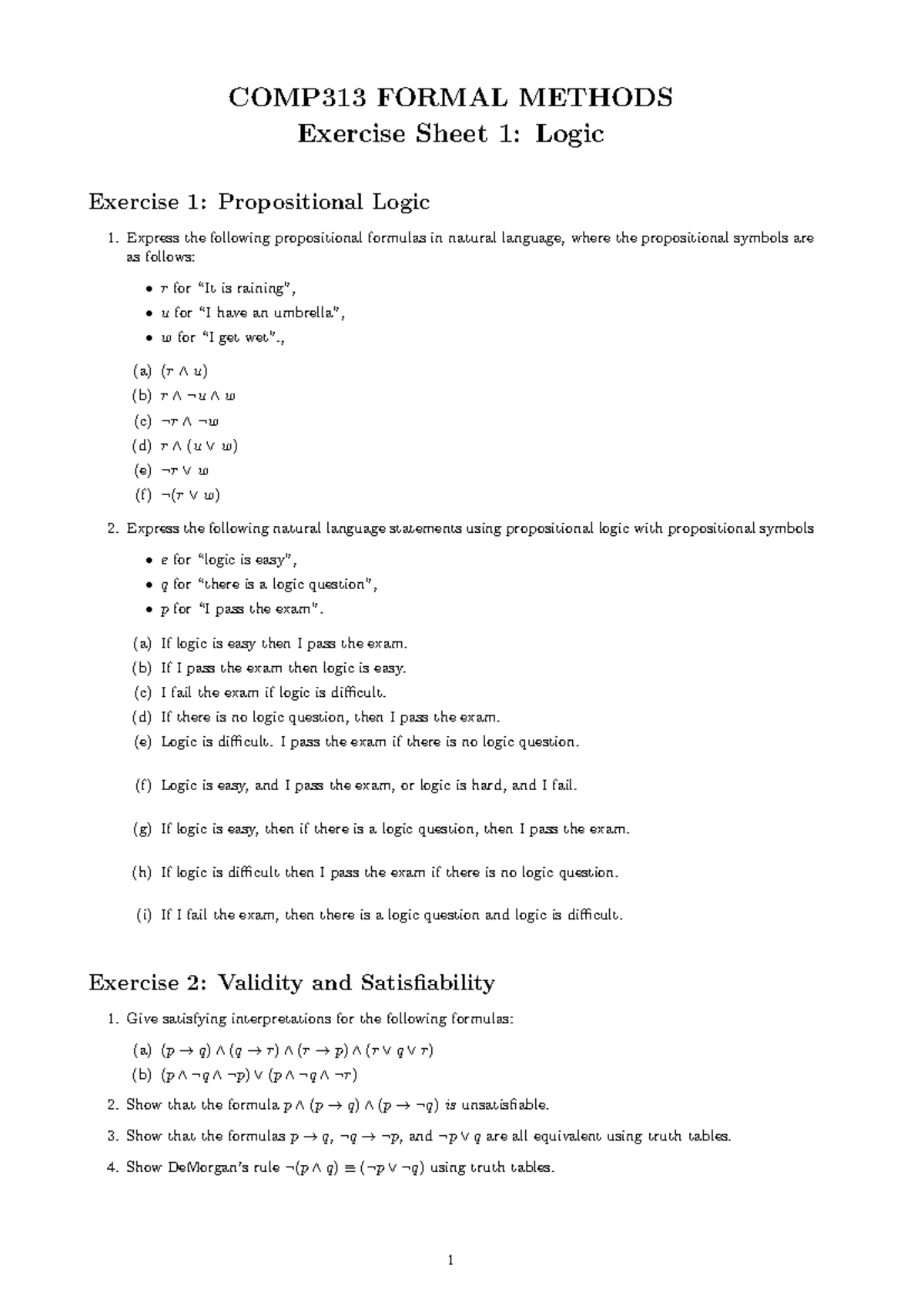COMP313 FORMAL METHODS Exercise Sheet 1: Propositional Logic - Studocu