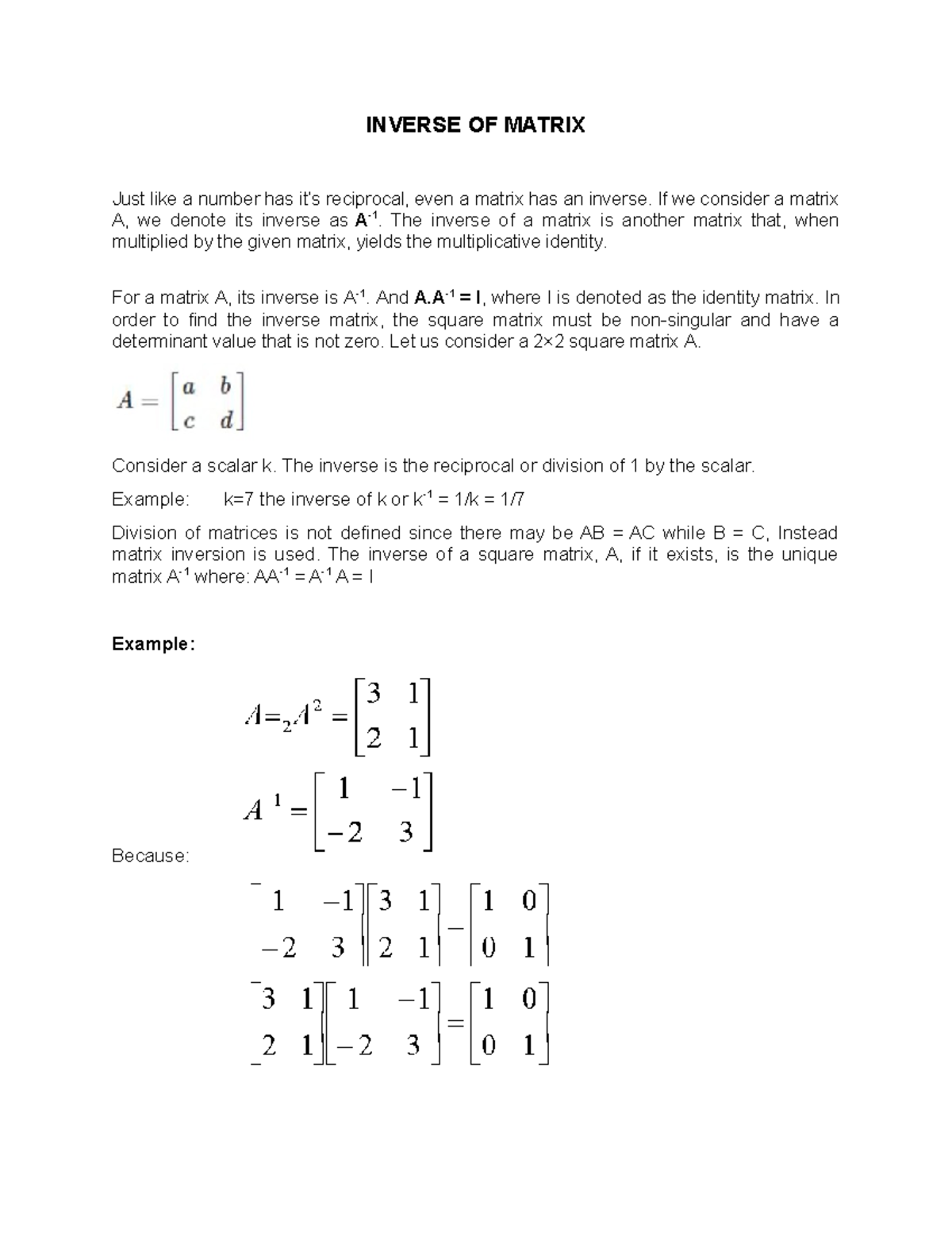 Inverse of Matrix: Understanding and Computing A-1 for 2x2 Matrices ...