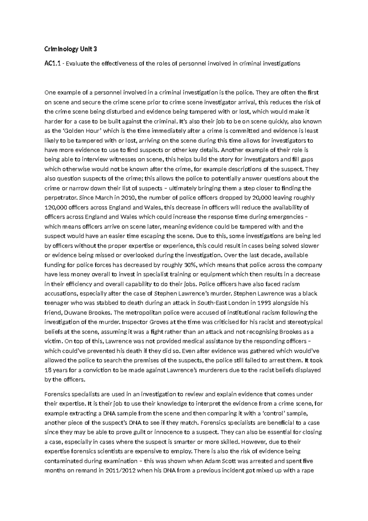 WJEC Criminology Unit 3 AC1.1 Evaluation of Criminal Investigation ...