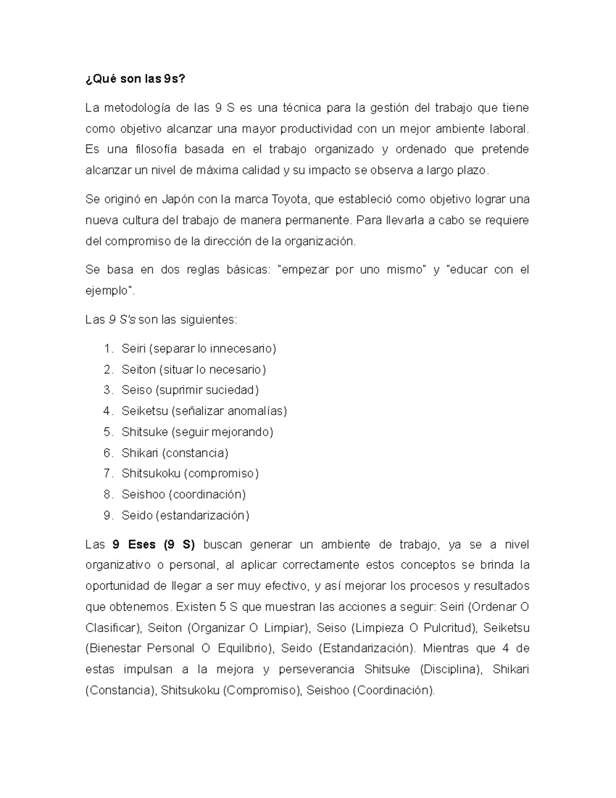 Metodología de las 9S: Mejorando la Productividad Laboral - Studocu