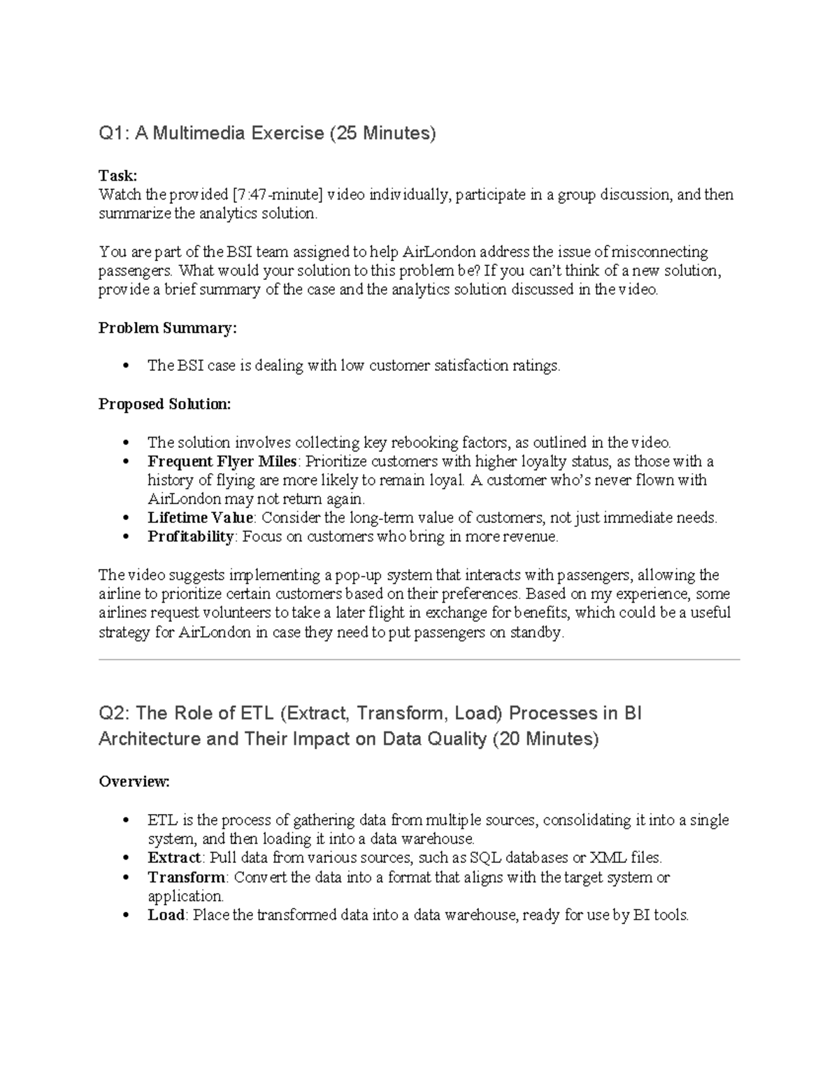 BSI Case Study & ETL Processes in BI Architecture (Week 3) - Studocu