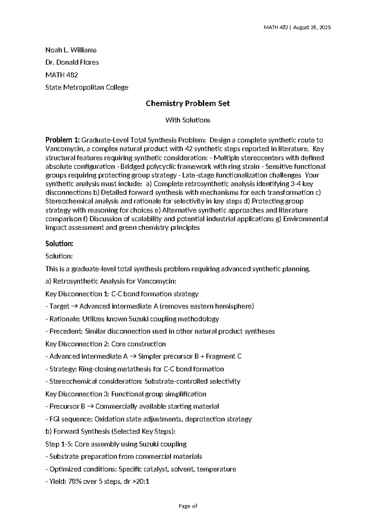 MATH 482 Advanced Chemistry Problem Set Solutions - Studocu