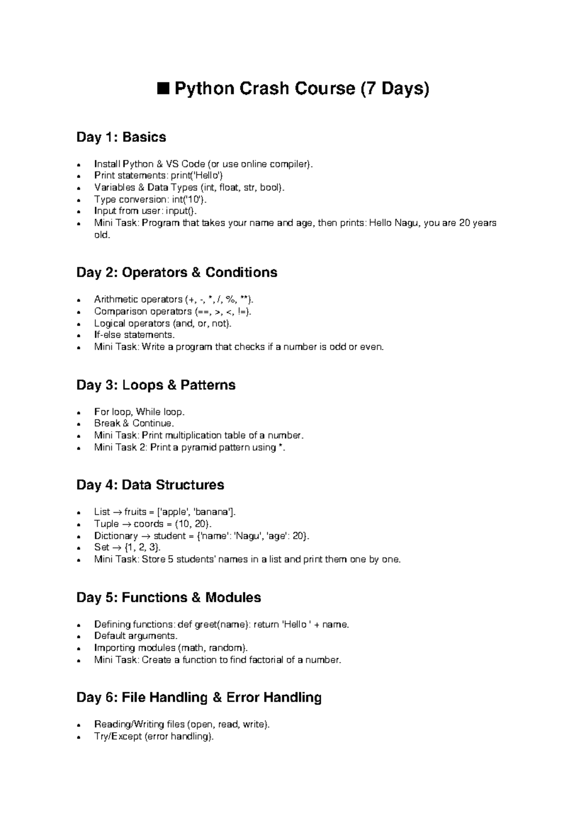 Python Crash Course (7 Days): Basics to File Handling - Studocu