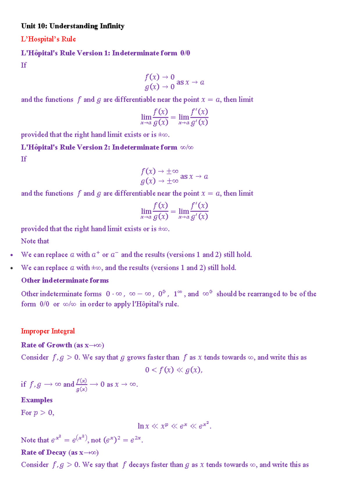 Unit 10: Understanding Infinity Rule and Improper Integrals - Studocu