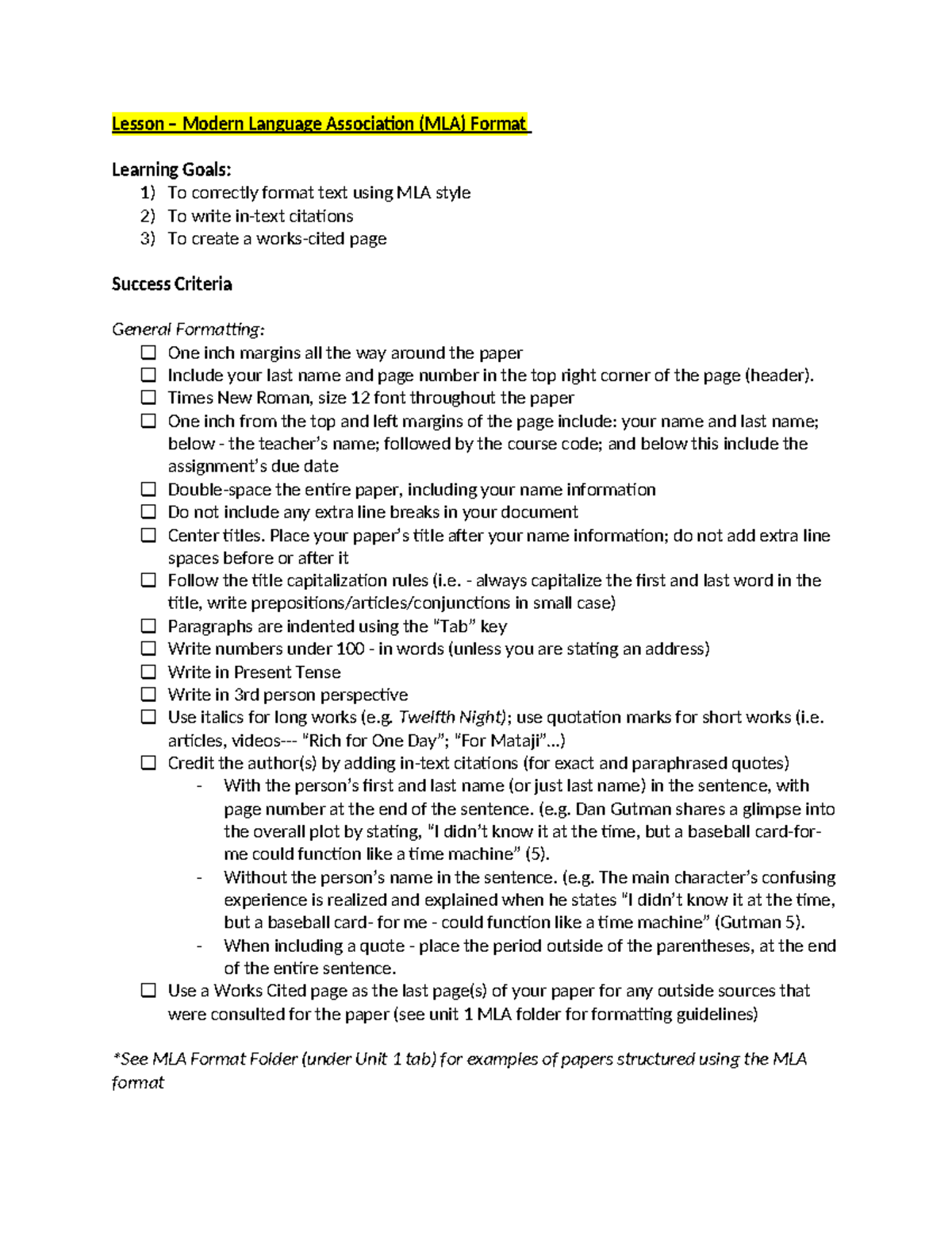 MLA Format Success Criteria Checklist for Lesson on Formatting - Studocu
