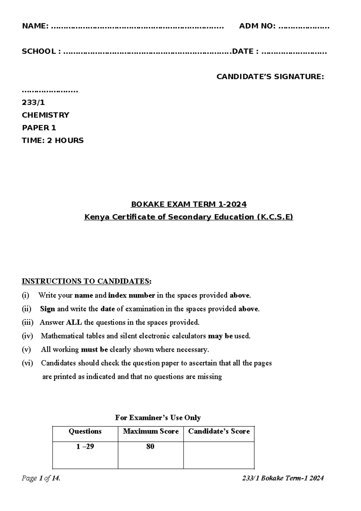 CHEM 233/PP1 QNS - K.C.S.E Term 1 Chemistry Exam Summary - Studocu
