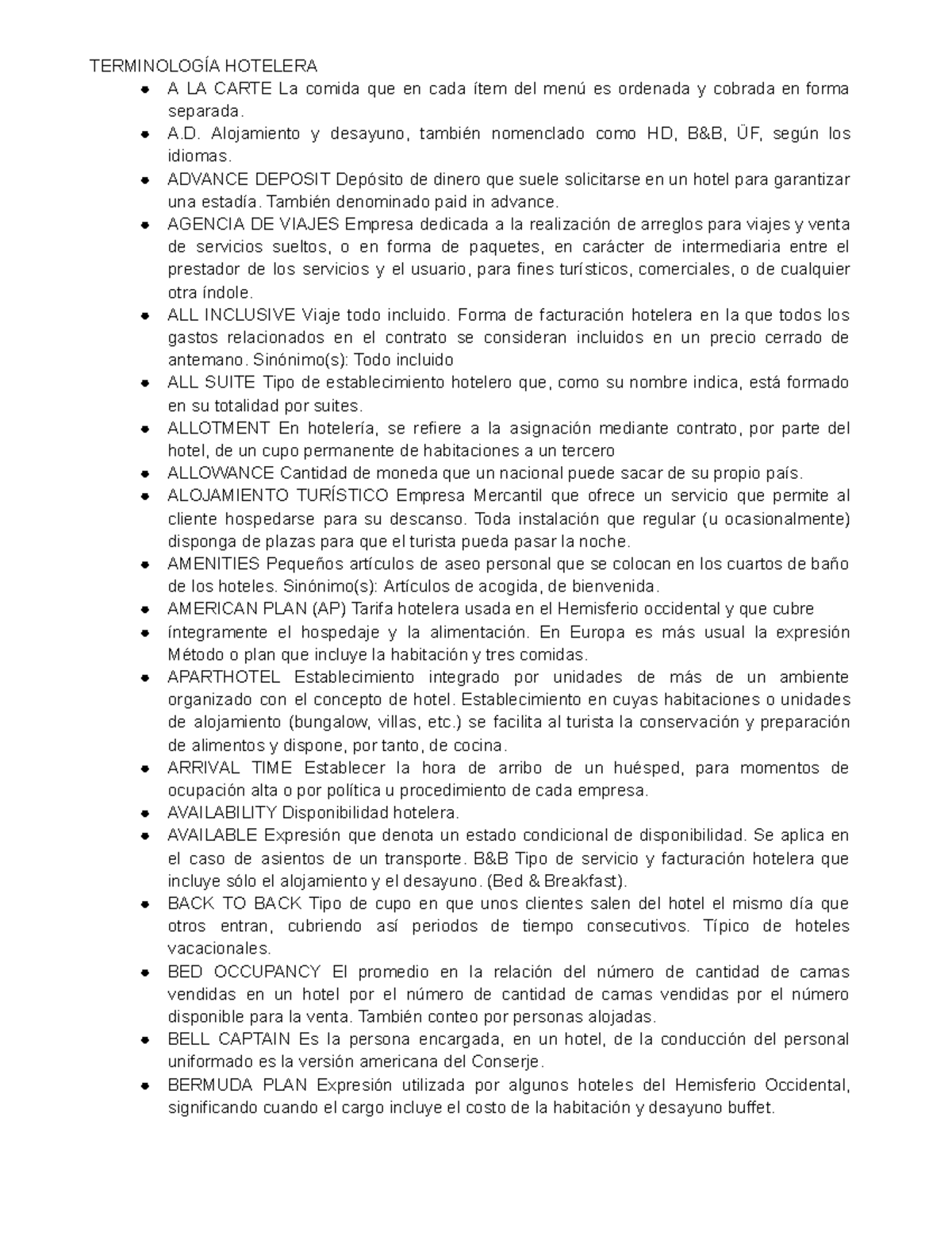 Terminología Hotelera A la Carte: Glosario de Términos Clave - Studocu