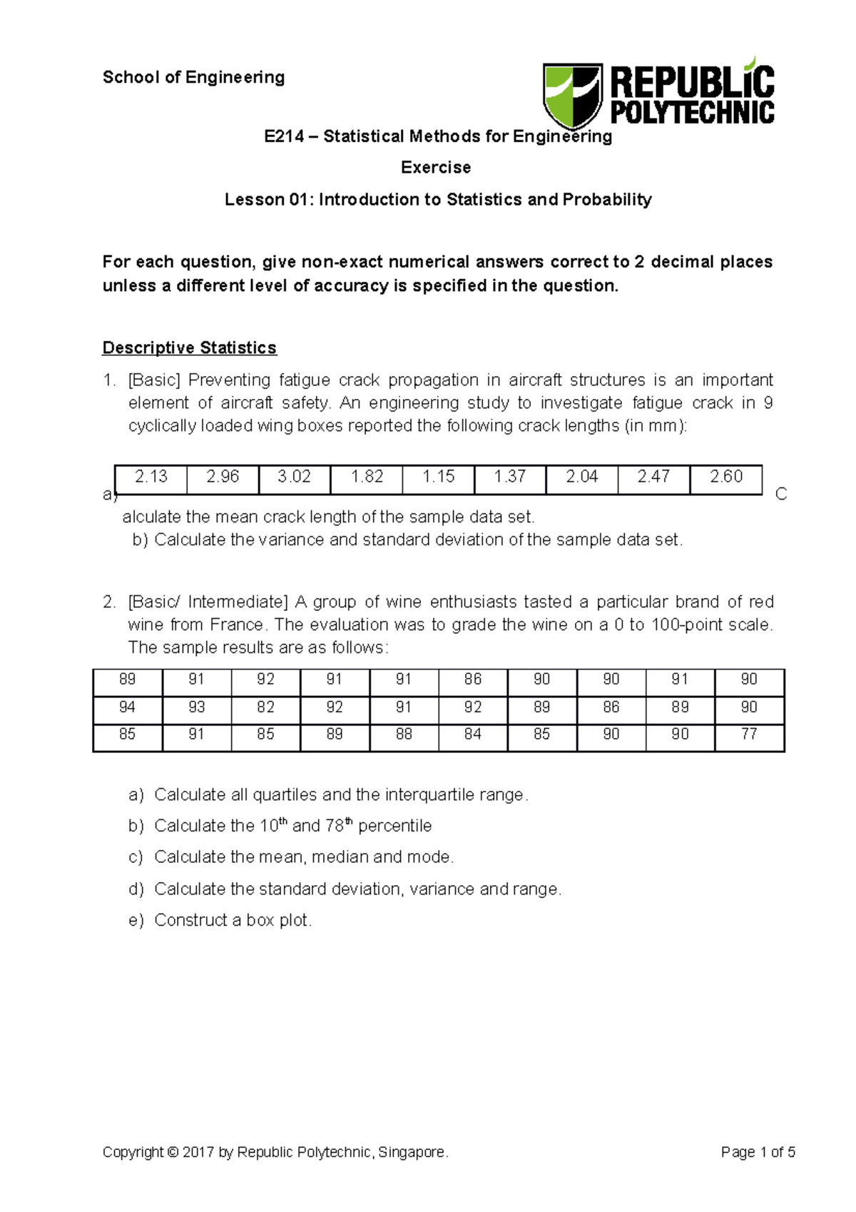 E214 Lesson 1 (Exercise) - E214 – Statistical Methods for Engineering ...