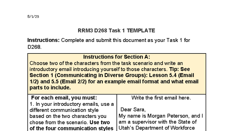 D268 Task 1: Introductory Emails to Characters in Scenario - Studocu