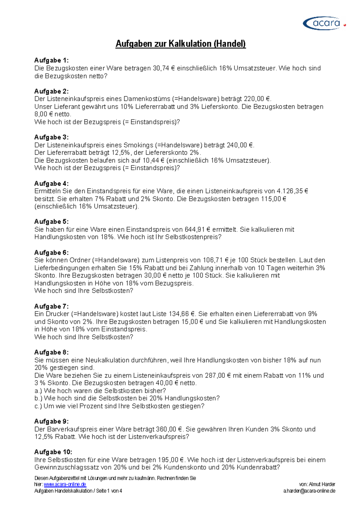 Aufgaben zur Handelskalkulation: Übungen und Lösungen (kaufm. Rechnen ...