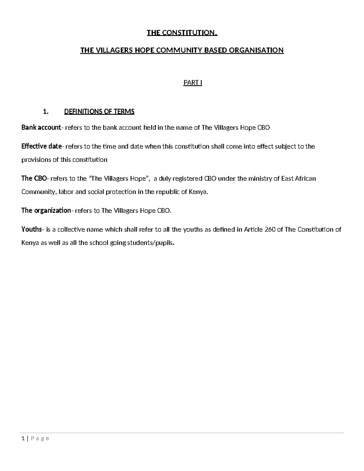CBO Constitution: The Villagers Hope Community Organization Guide - Studocu